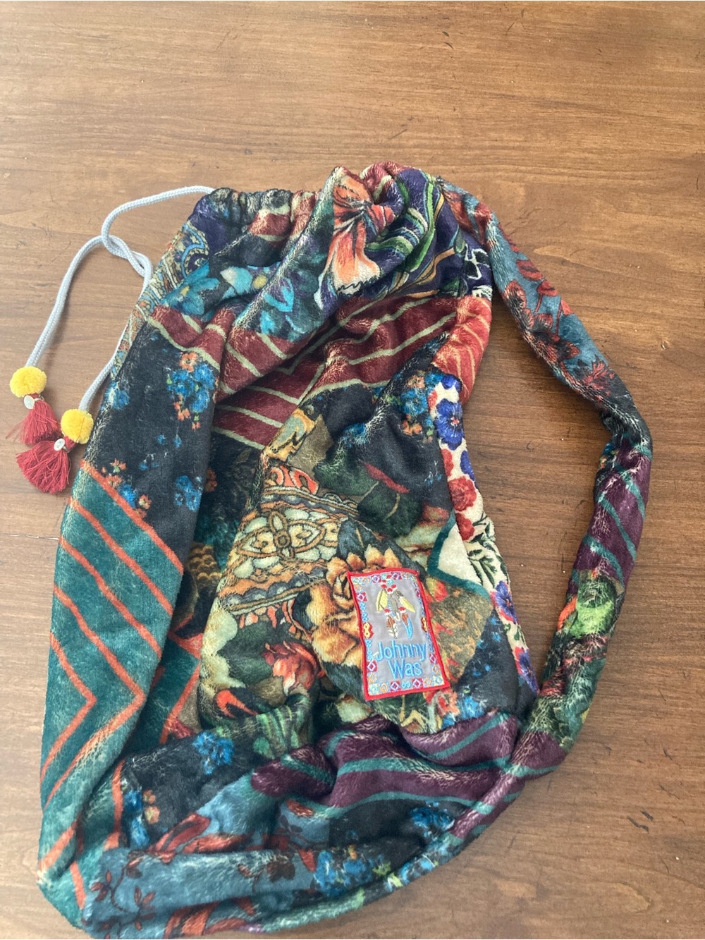 Johnny Was Multicolor soft Patchwork Drawstring Sling Bag with Tassels.